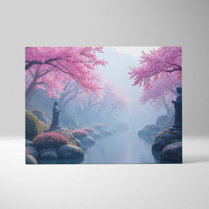 Dreamy cherry blossom valley canvas art with misty river and stone statues