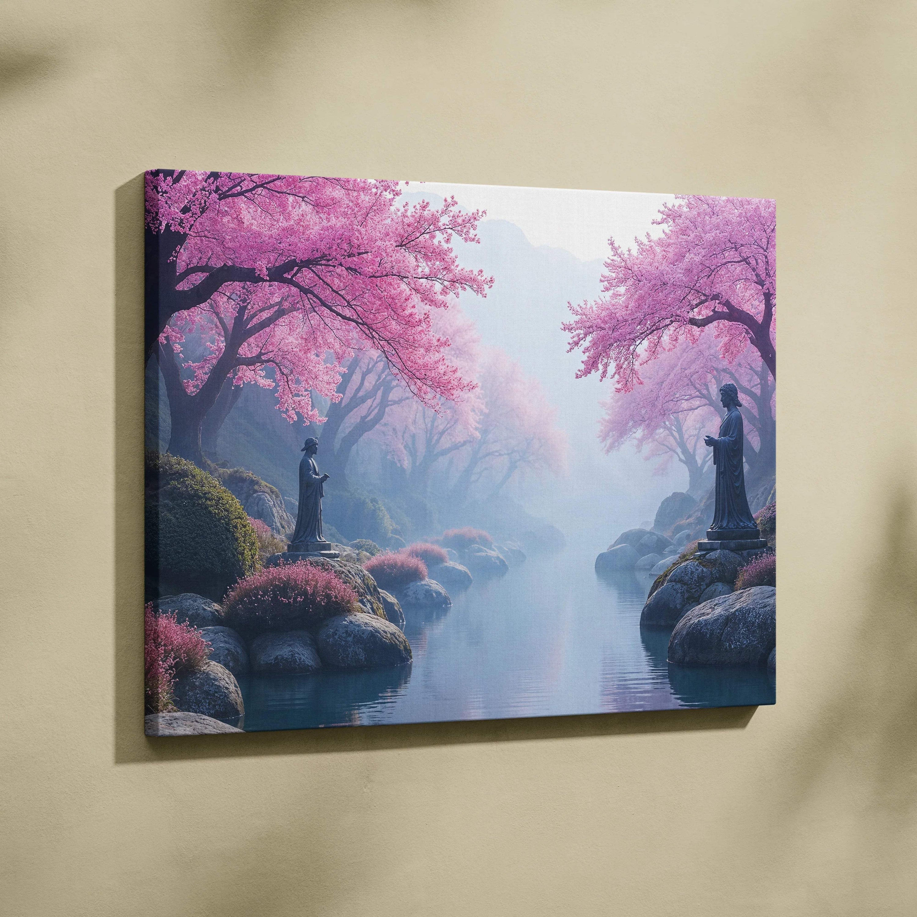Dreamy cherry blossom valley with stone statues by misty river canvas art