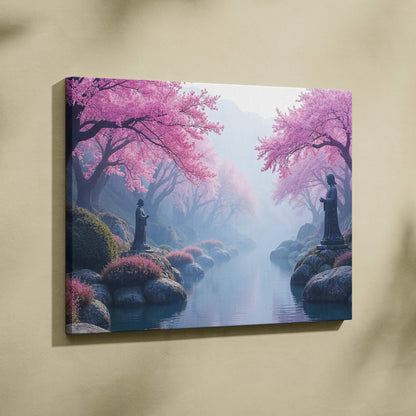 Dreamy cherry blossom valley with stone statues by misty river canvas art