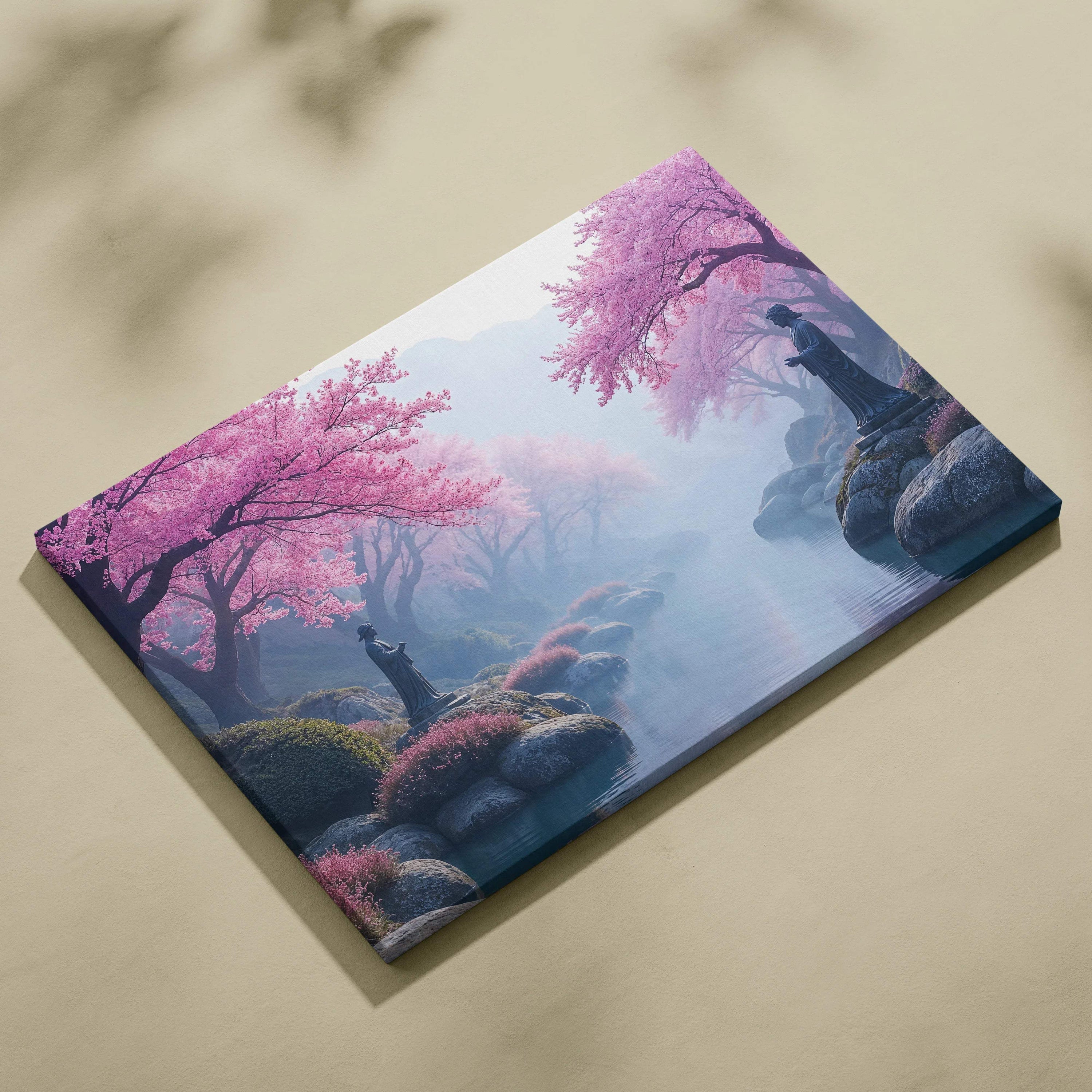 Dreamy cherry blossom valley canvas art with misty river and stone statues