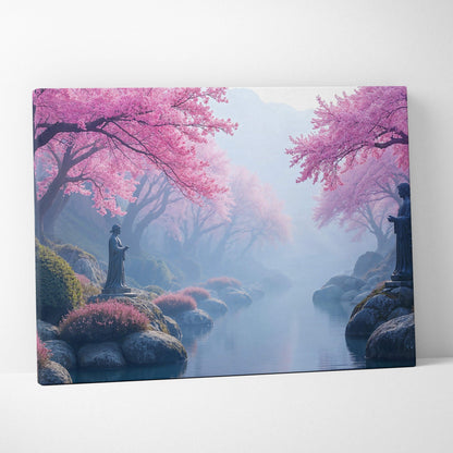 Dreamy cherry blossom valley canvas print with misty river and stone statues