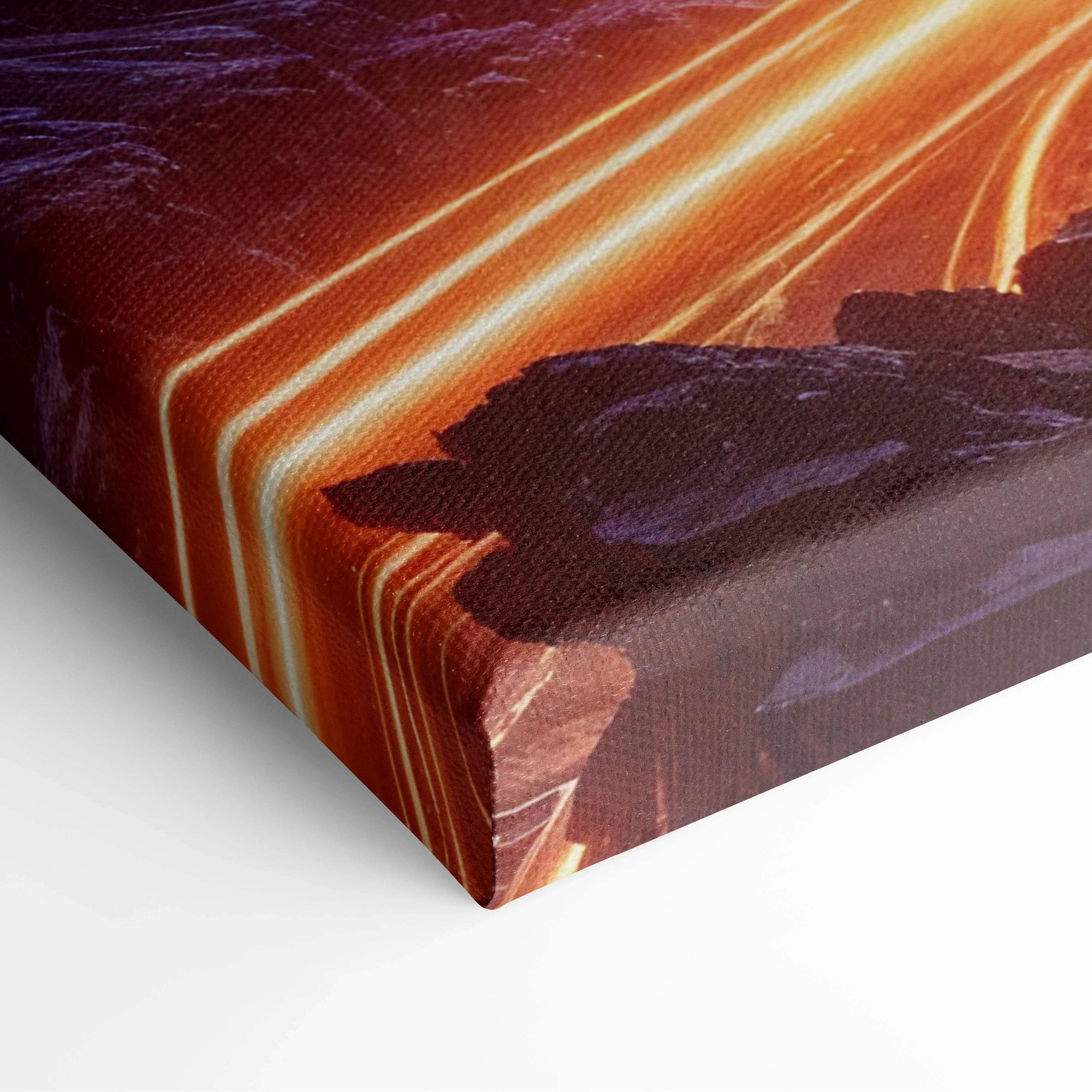 Canvas print of cyberpunk cityscape with neon skyscrapers under cosmic planet