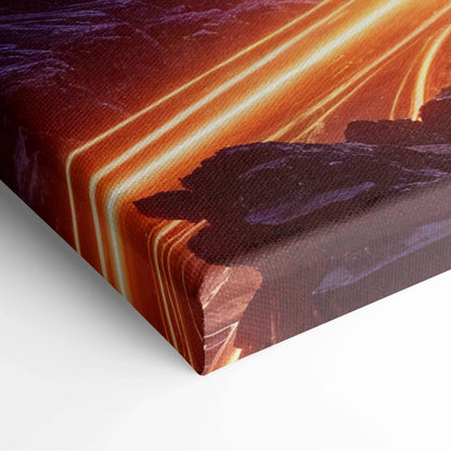 Canvas print of cyberpunk cityscape with neon skyscrapers under cosmic planet