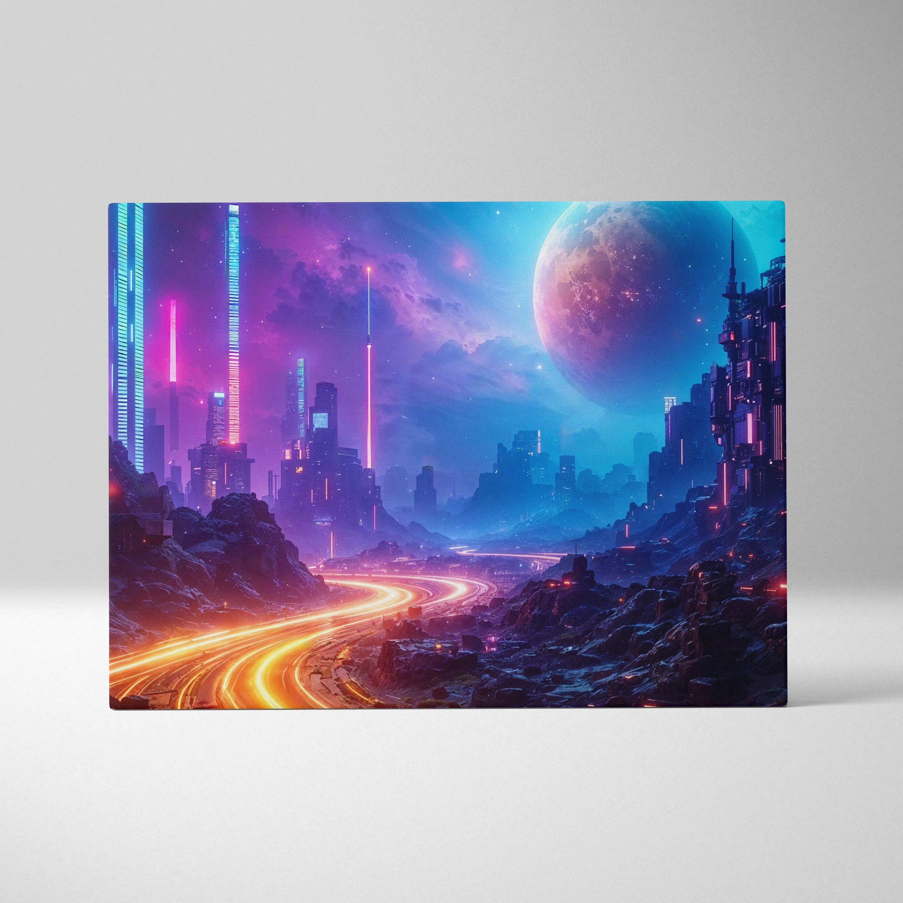 Vibrant cyberpunk cityscape canvas print with neon blues, magentas skyscrapers, glowing highway, planet
