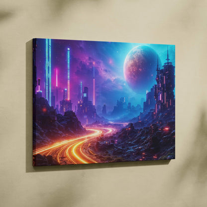 Nebula cyberpunk cityscape canvas print with neon skyscrapers and planet