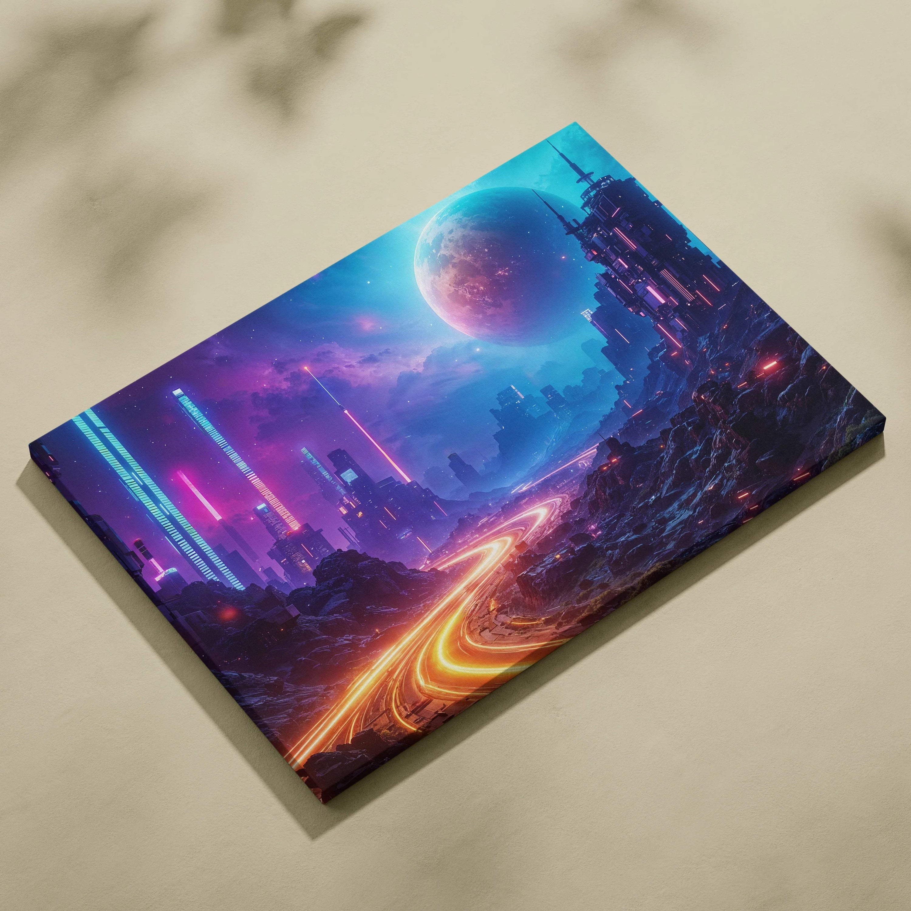 Nebula cyberpunk cityscape canvas print with neon blues, magentas, skyscrapers, glowing highway, planet