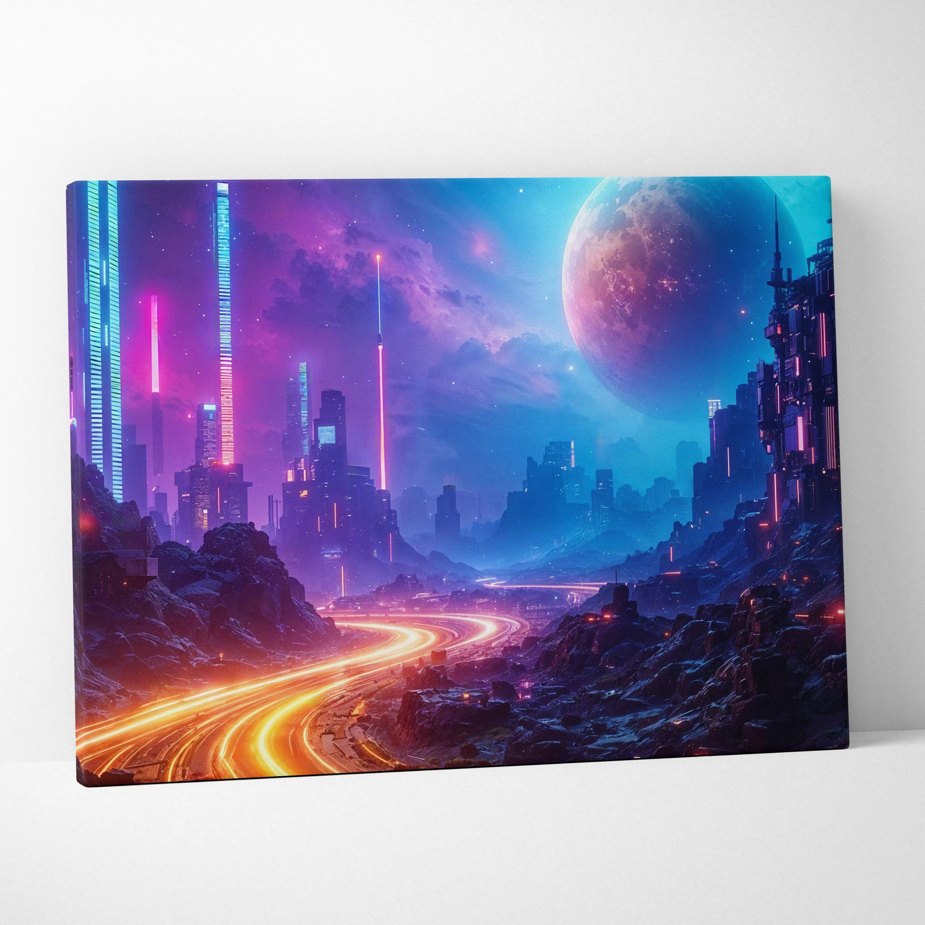 Future cyberpunk cityscape canvas art with neon blue magenta skyscrapers, glowing highway, planet