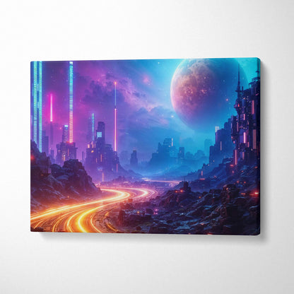Vibrant cyberpunk cityscape canvas print with neon blue magenta skyscrapers glowing highway planet