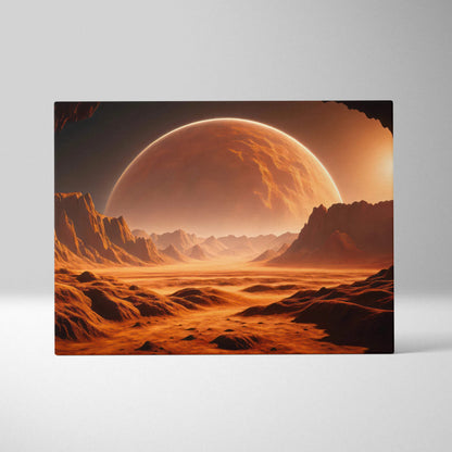 Cinematic sci-fi alien desert canvas with fiery orange canyons and massive planet