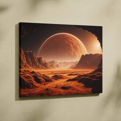 Cinematic sci-fi alien desert canvas art with fiery orange canyons and massive horizon planet