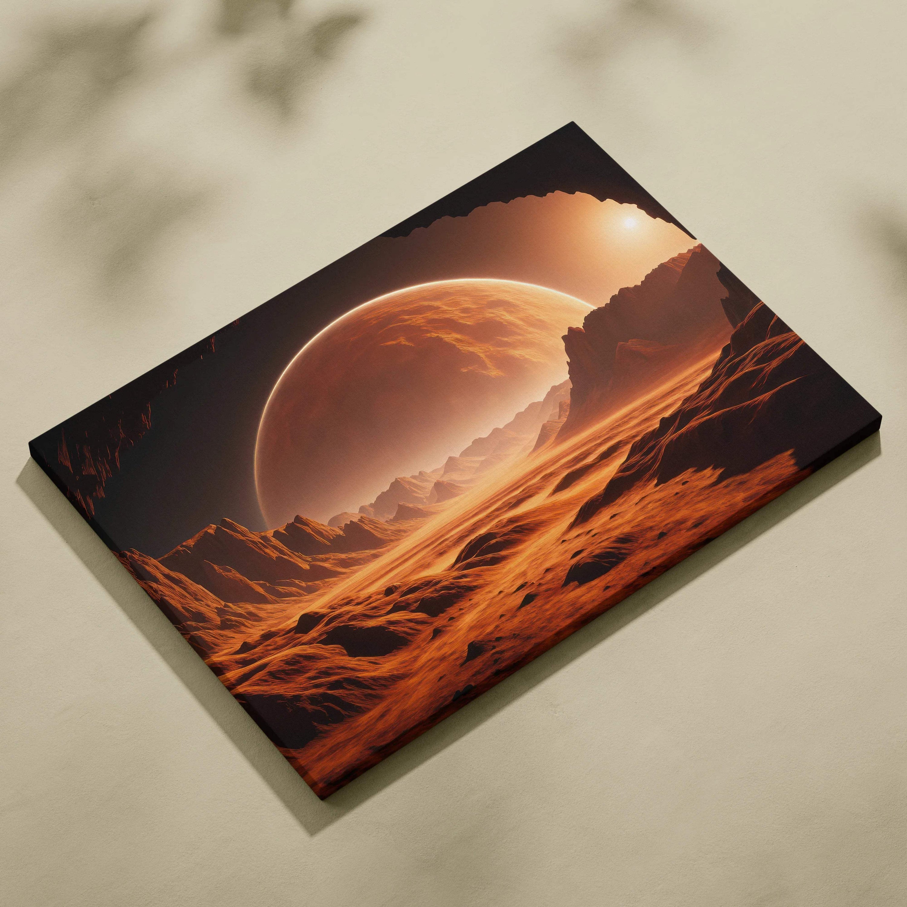 Cinematic sci-fi alien desert canvas art with fiery orange canyons and massive planet