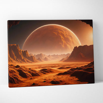 Cinematic sci-fi alien desert canvas with fiery orange canyons and massive planet