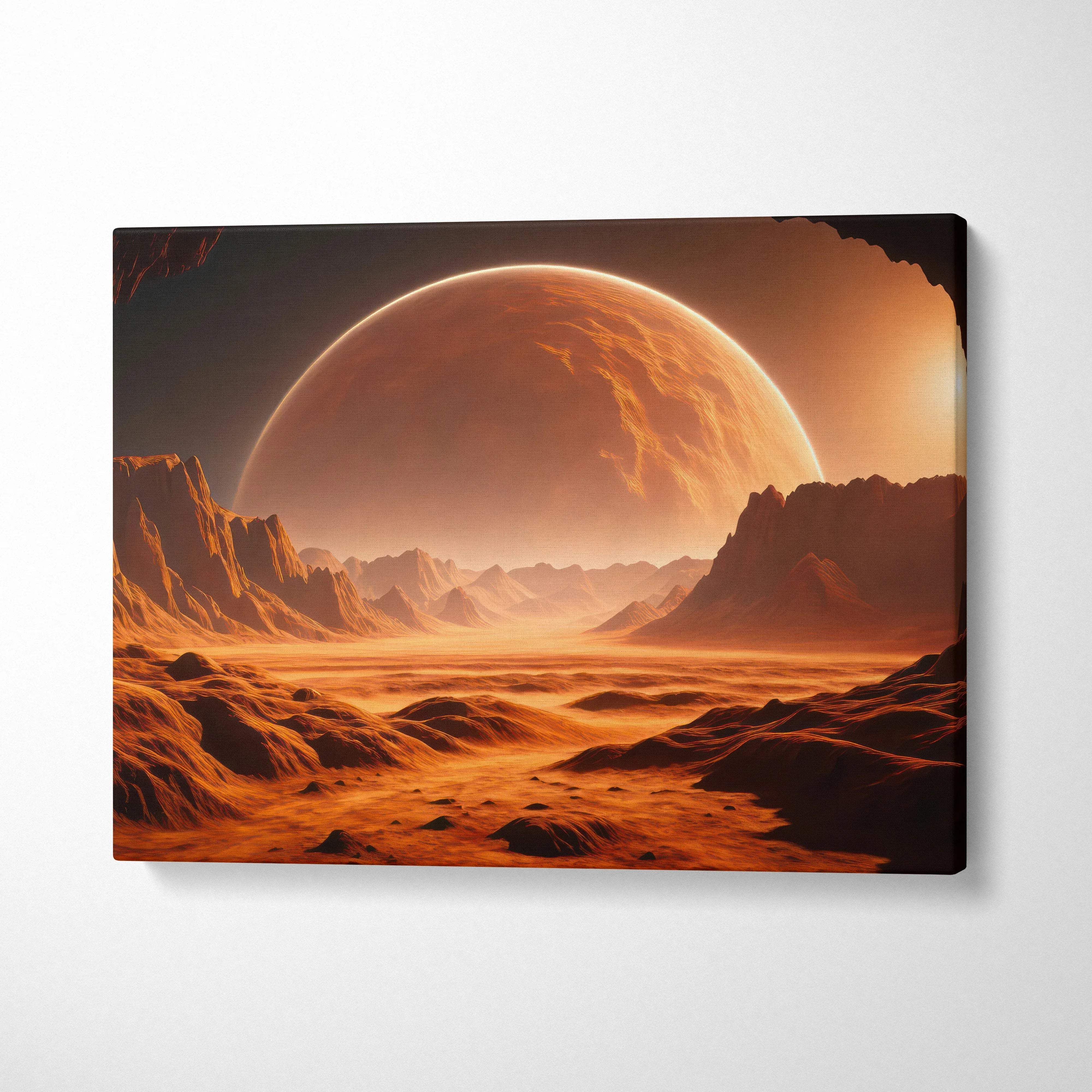 Cinematic sci-fi alien desert canvas art with fiery orange canyons and massive planet