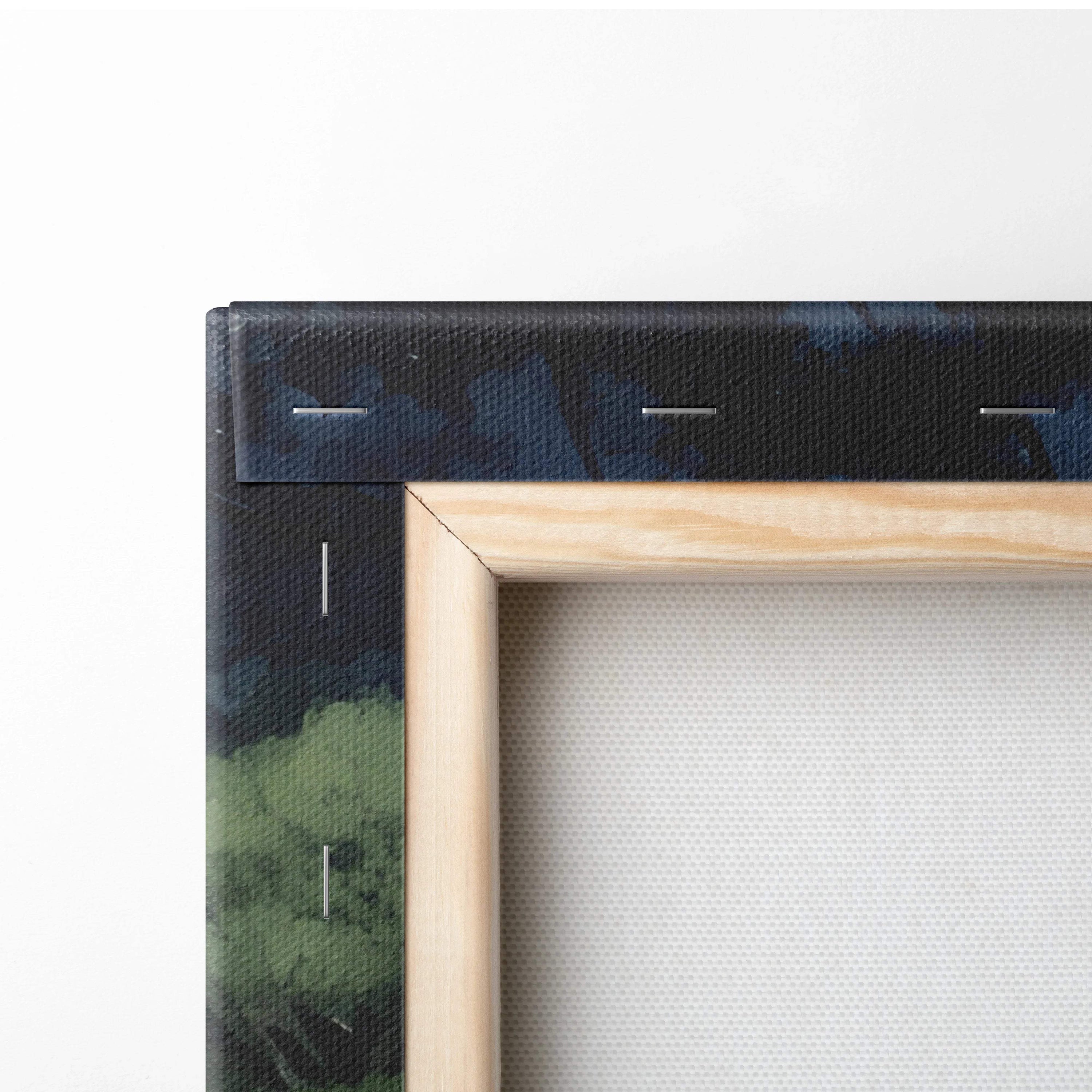 Light wood-framed canvas print of tranquil moonlit Japanese garden in blues and greens