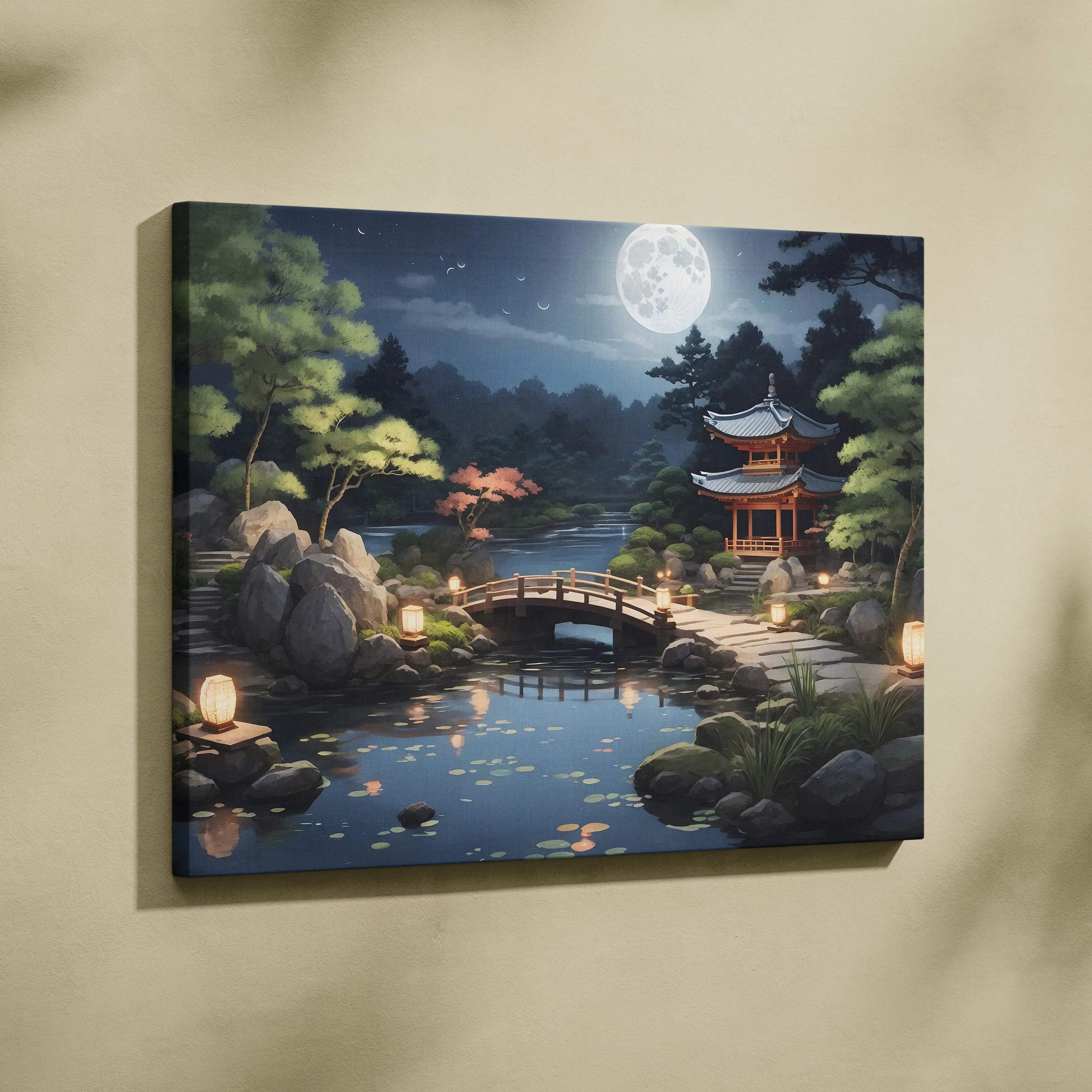 Tranquil moonlit Japanese garden pagoda canvas wall art