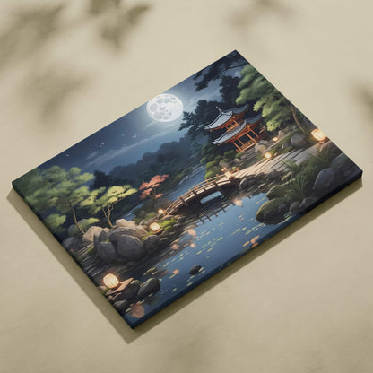 Tranquil moonlit Japanese garden canvas art with pagoda and bridge