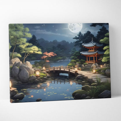 Tranquil moonlit Japanese garden pagoda bridge canvas wall art