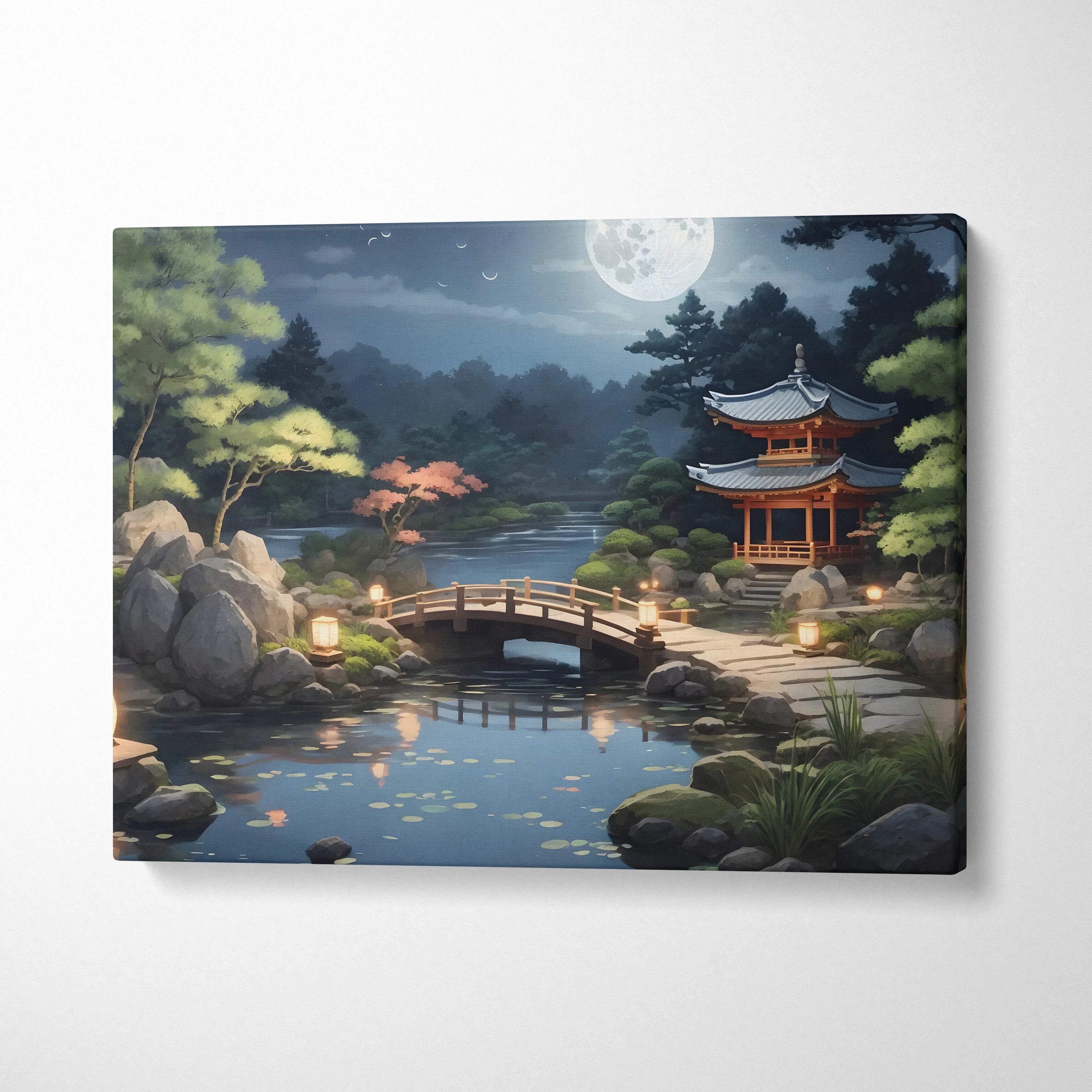 Tranquil moonlit Japanese garden canvas wall art with pagoda bridge