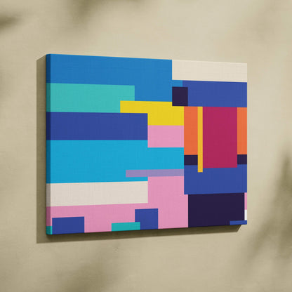 Abstract geometric canvas wall art with teal navy magenta orange yellow blush stripes