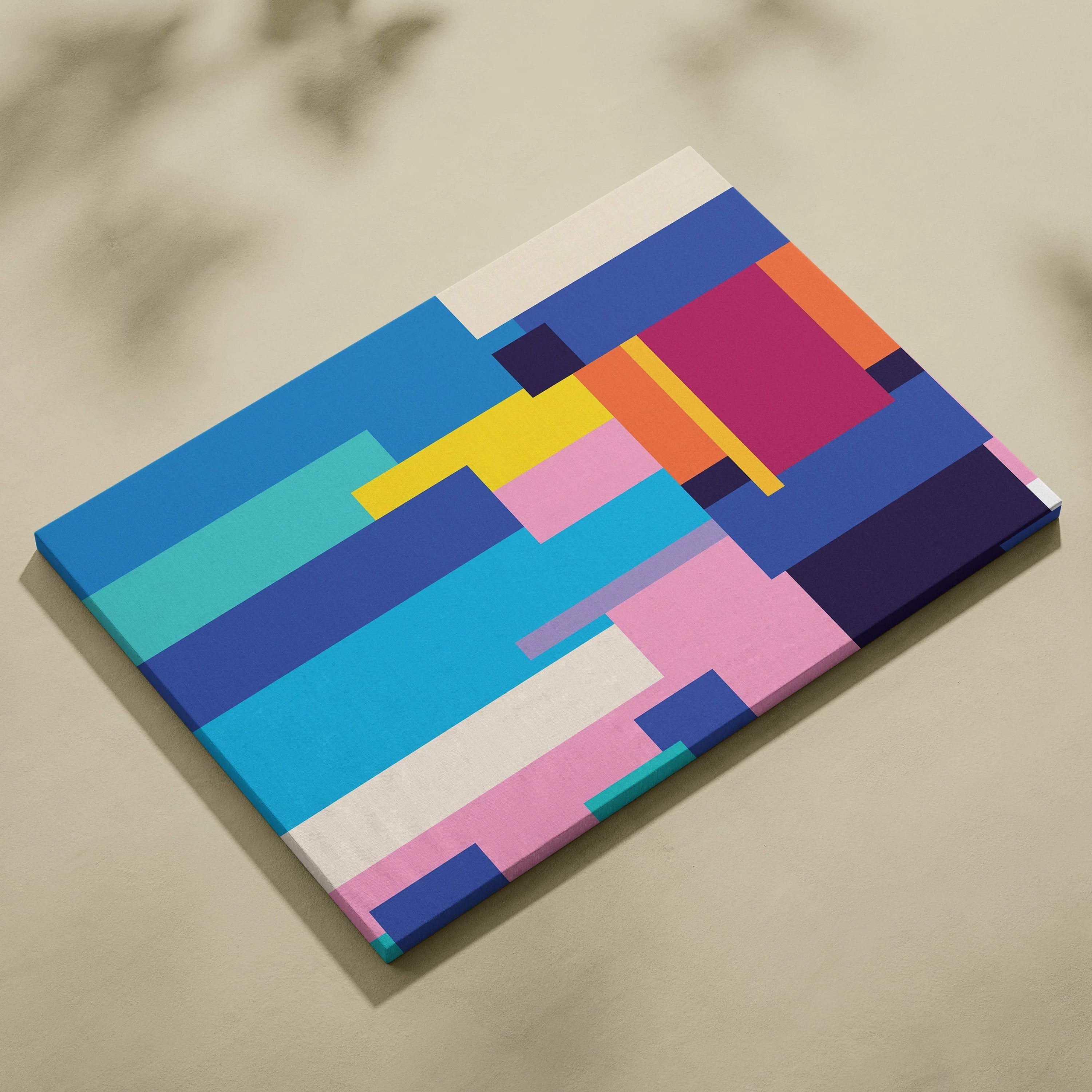 Vibrant abstract geometric canvas wall art in teal navy magenta orange yellow blush