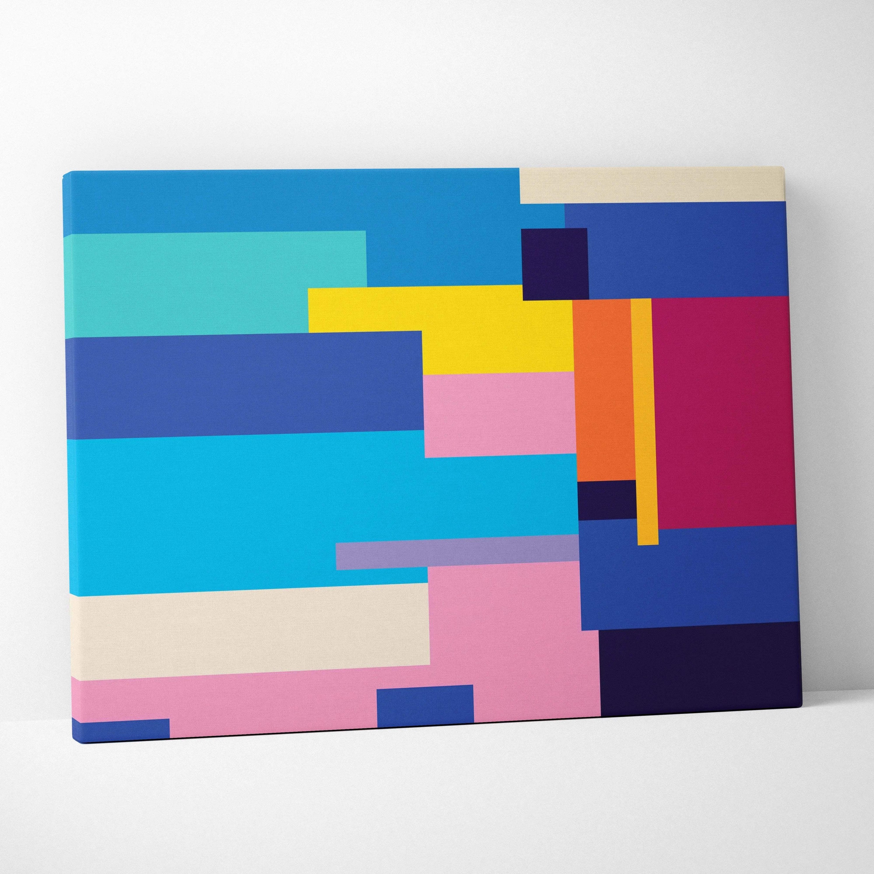 Abstract geometric canvas wall art in teal navy magenta orange yellow blush