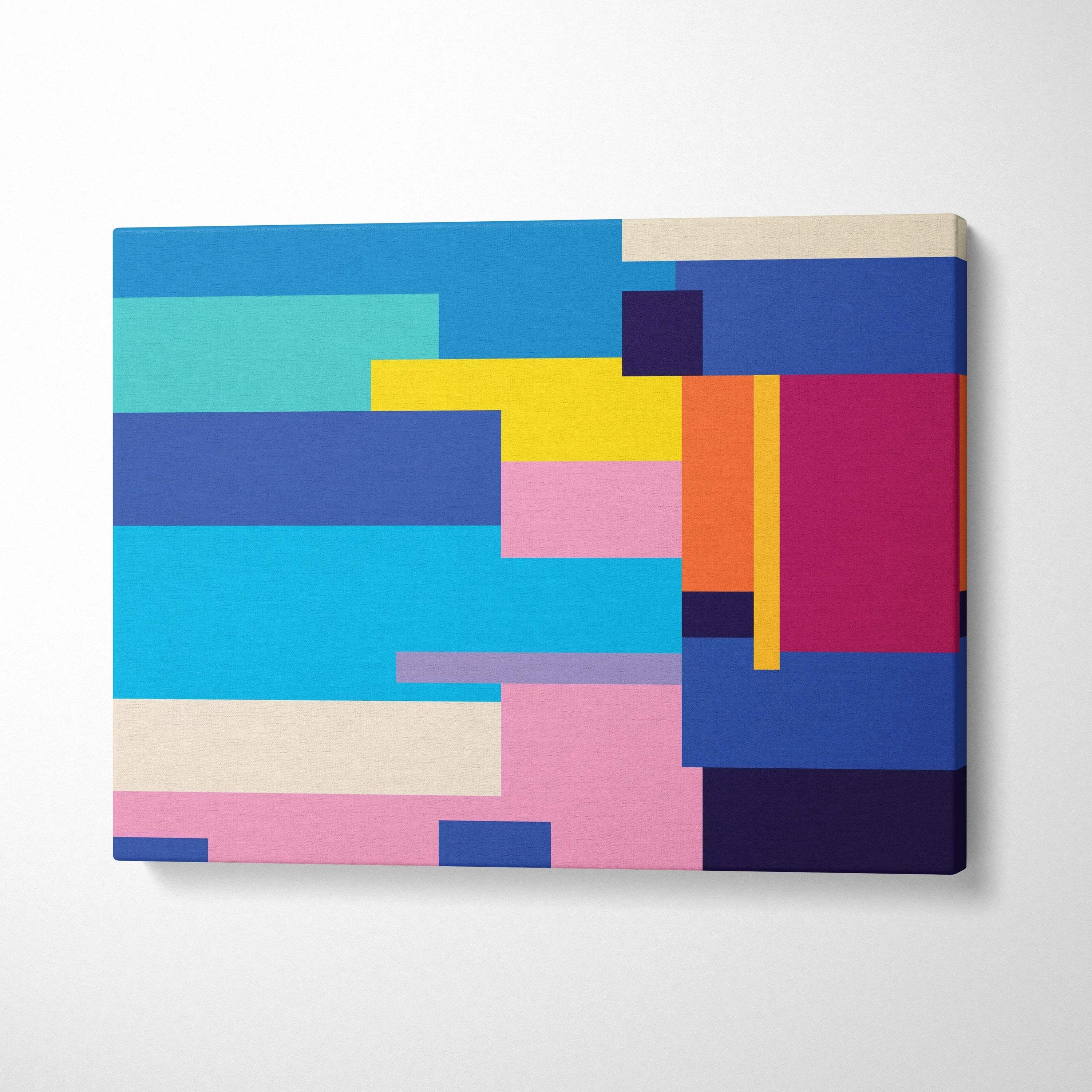 Vibrant abstract geometric canvas wall art in teal navy magenta orange yellow blush