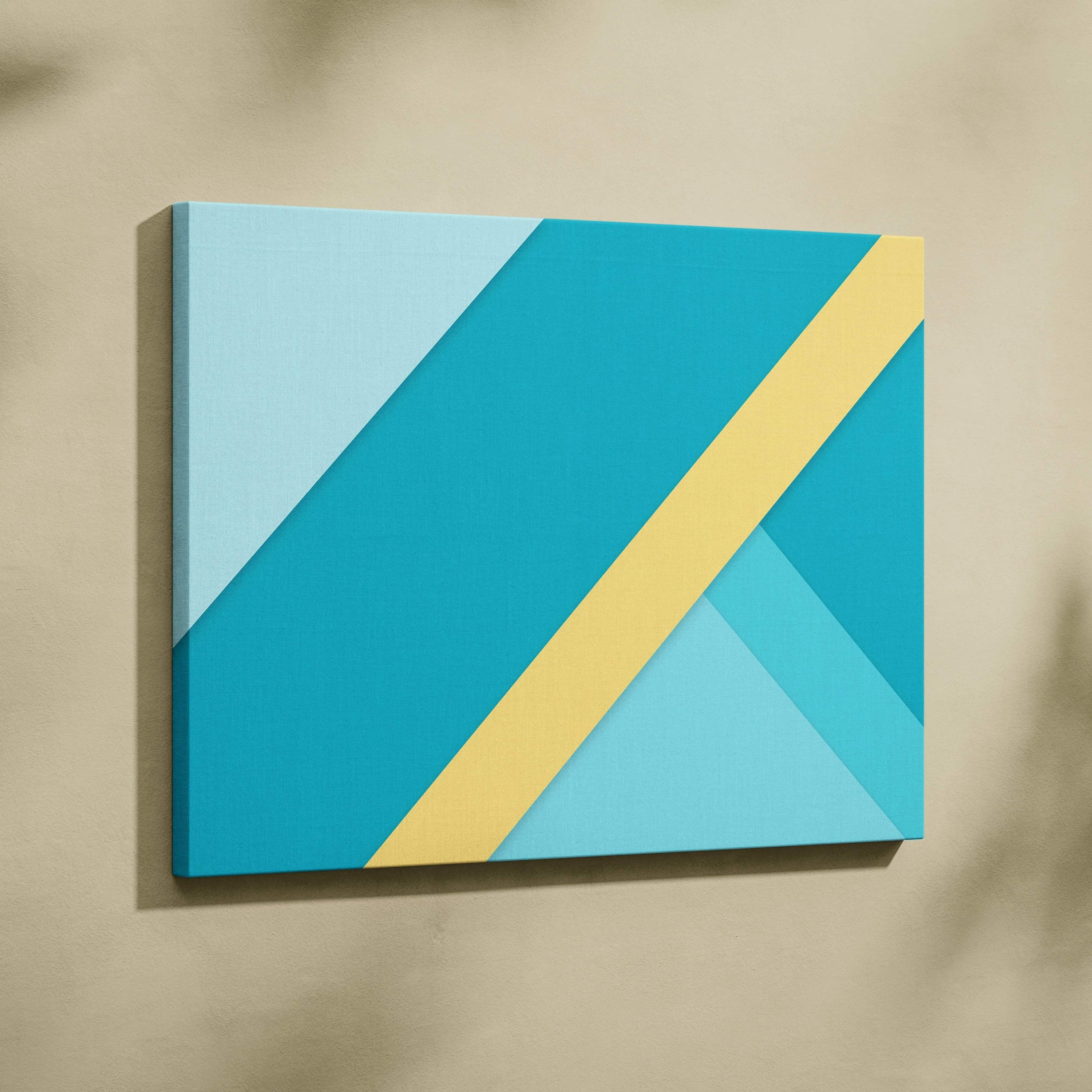 Minimalist abstract geometric canvas wall art with teal aqua yellow diagonal stripes