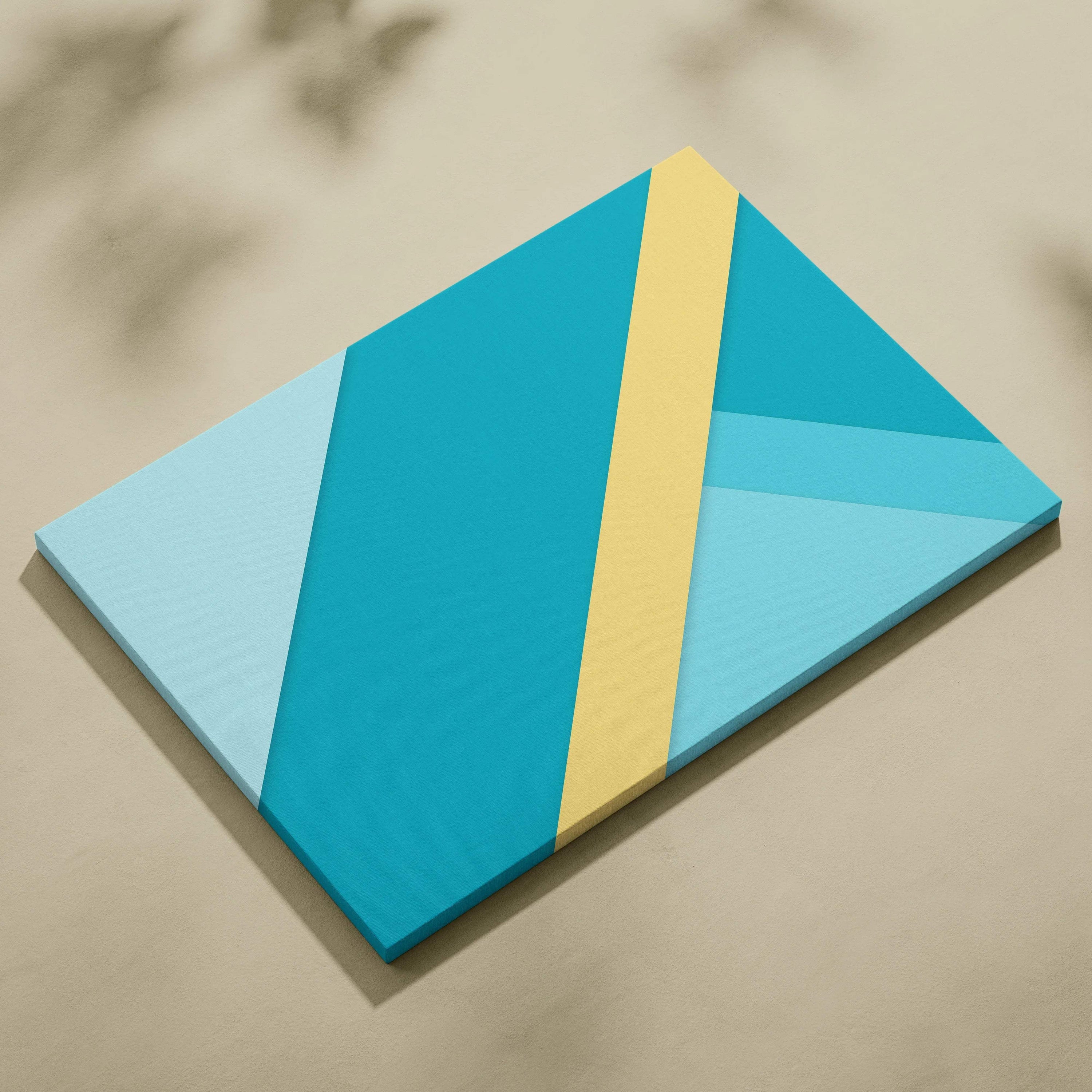 Minimalist abstract geometric canvas wall art with teal aqua and yellow diagonal stripes