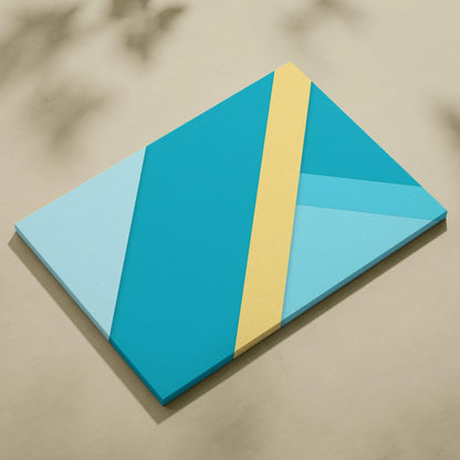 Minimalist abstract geometric canvas wall art with teal aqua and yellow diagonal stripes