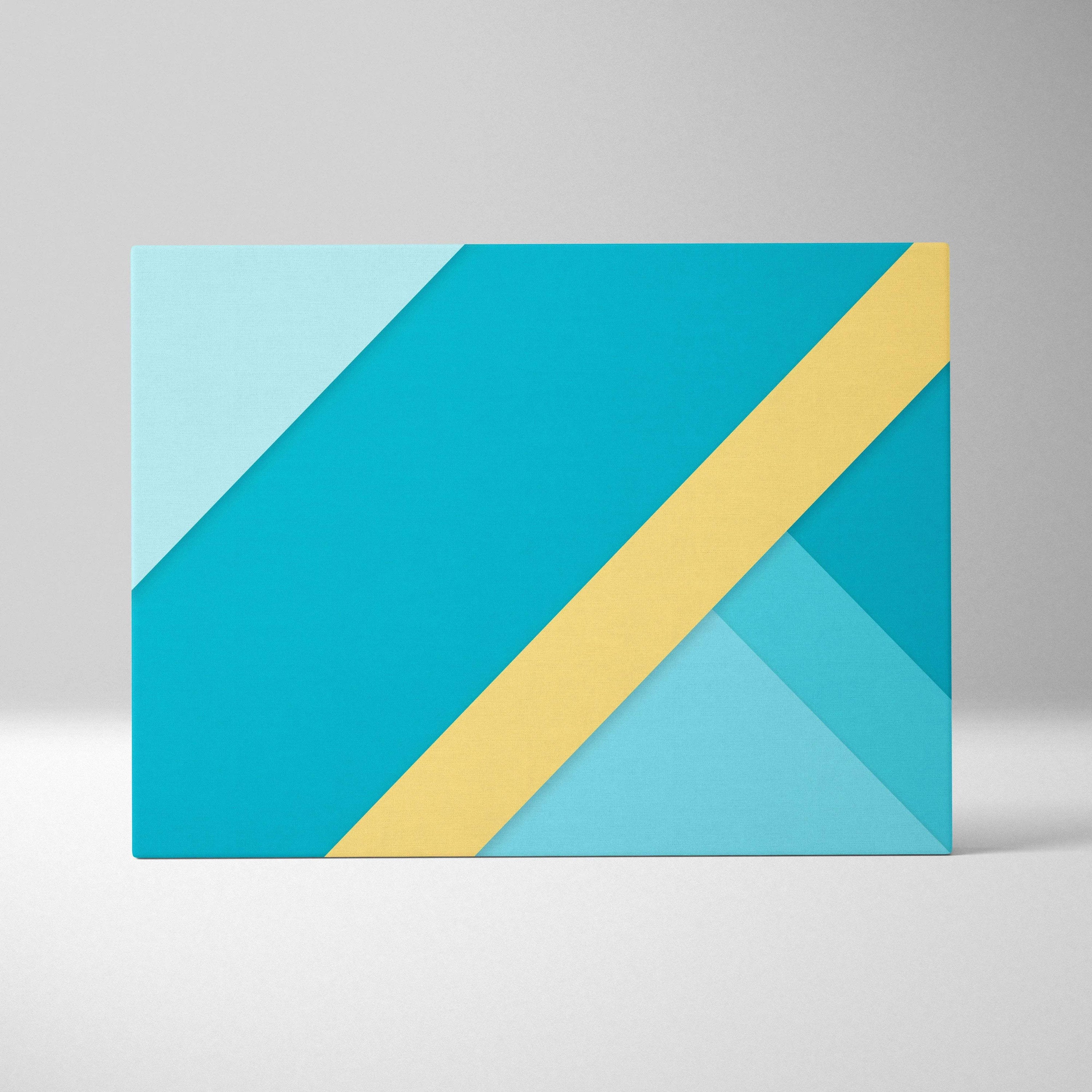 Minimalist abstract geometric canvas wall art with teal aqua yellow diagonal stripes