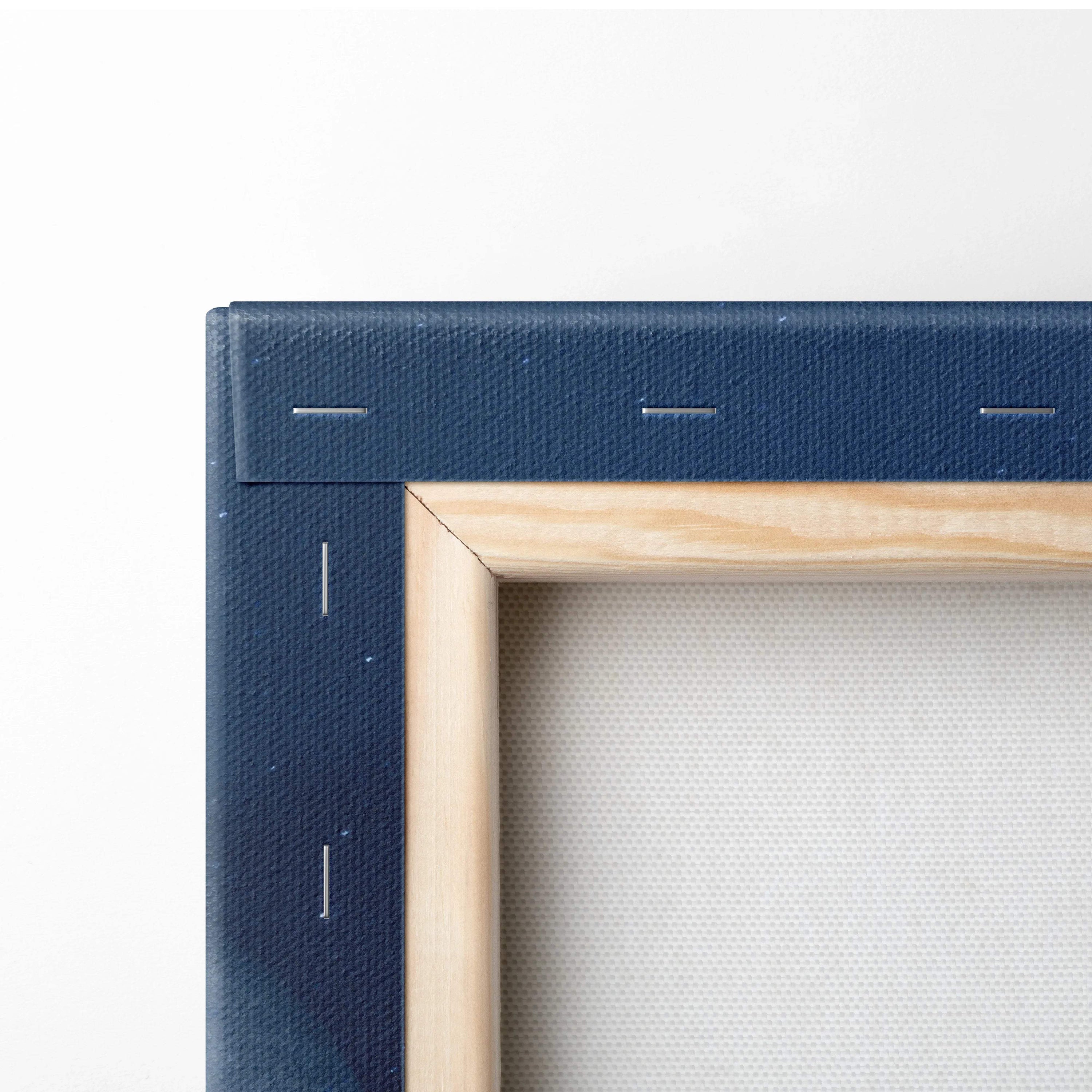 Navy blue canvas frame with light wood border on cinematic Earth moon art