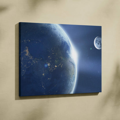 Cinematic midnight blue canvas of Earth, glowing cities, crescent moon