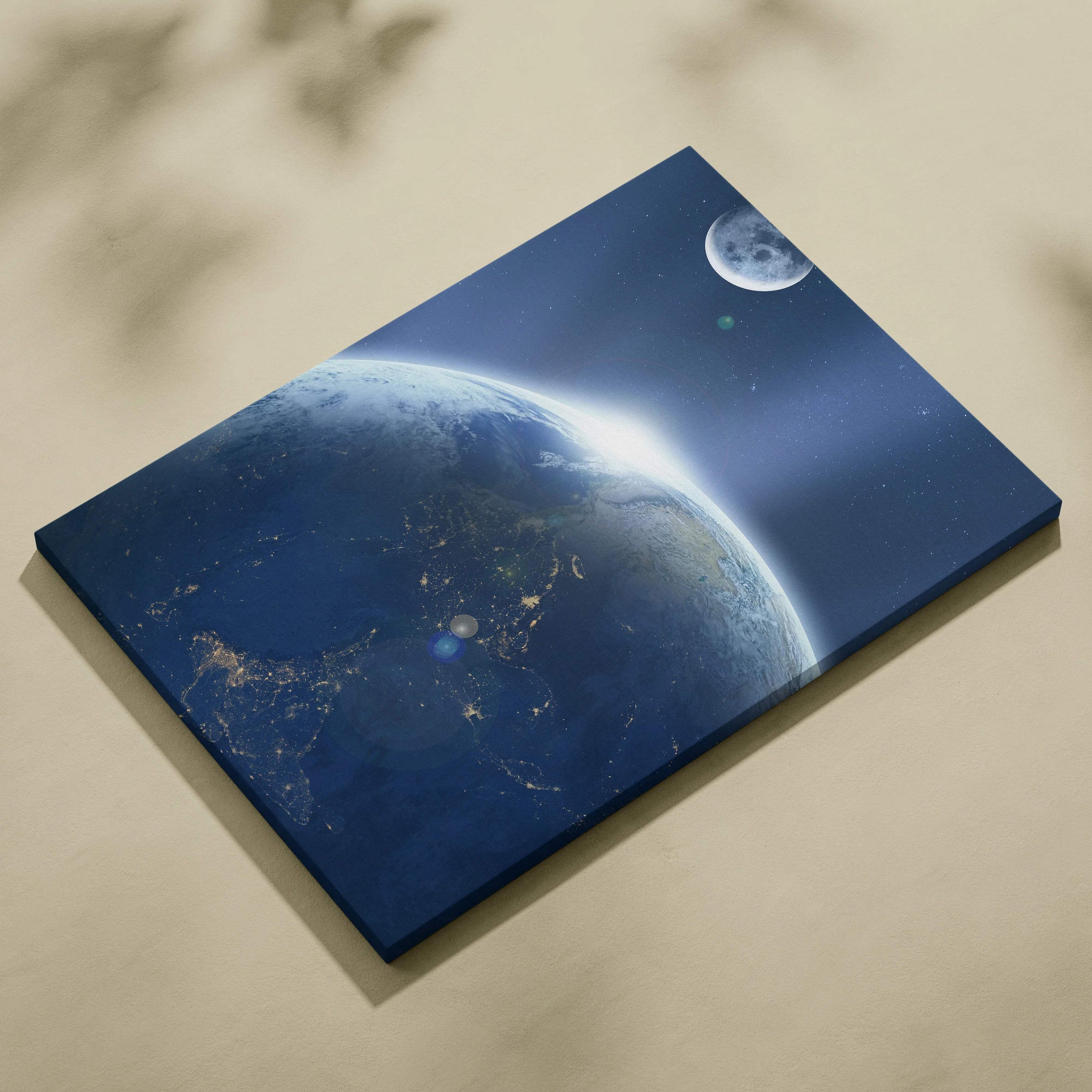 Cinematic space landscape earth and moon over glowing cities midnight blue canvas art