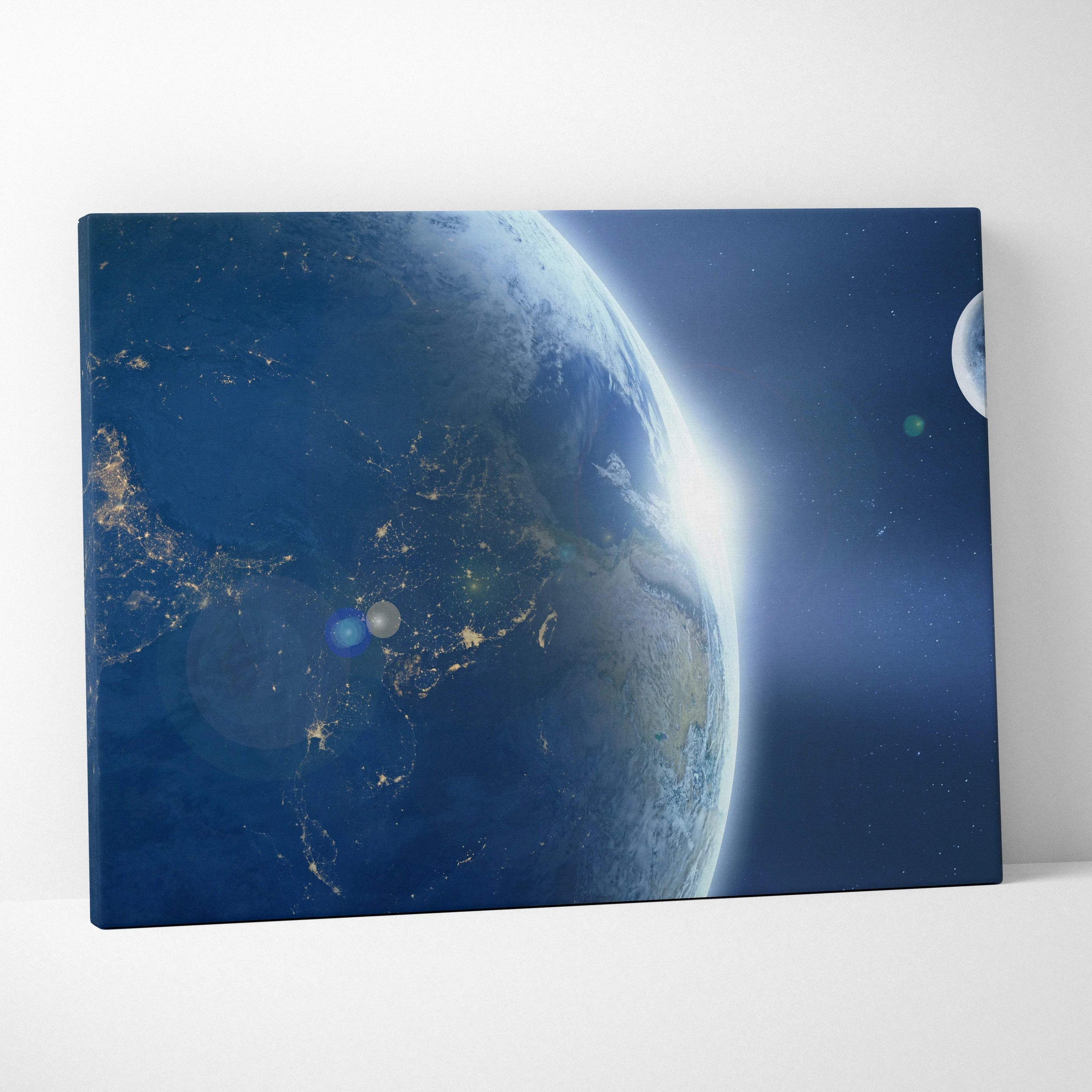 Cinematic midnight blue canvas of Earth glowing cities and crescent moon