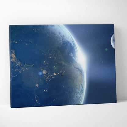 Cinematic midnight blue canvas of Earth glowing cities and crescent moon