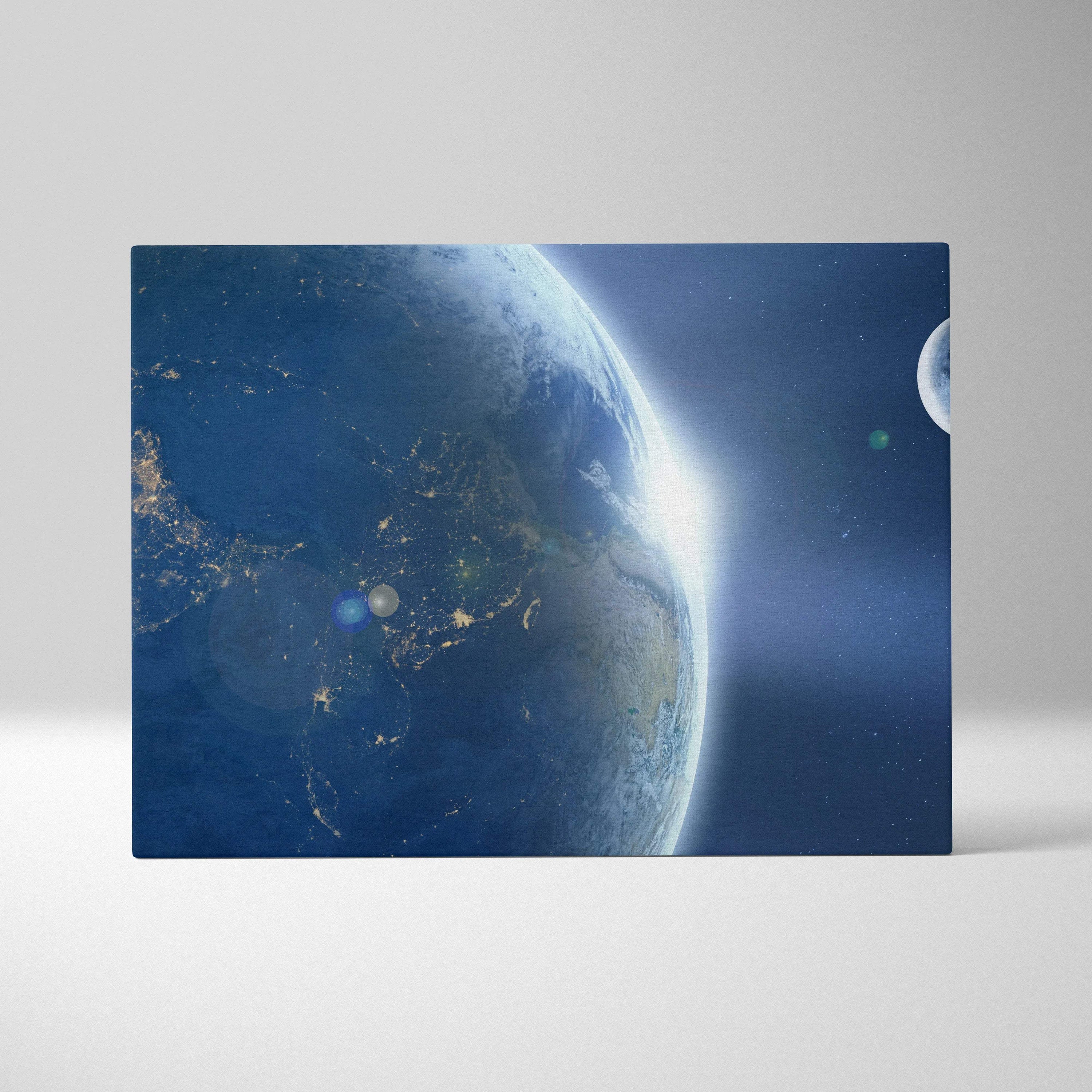 Cinematic Earth and Moon over glowing cities in midnight blue canvas art