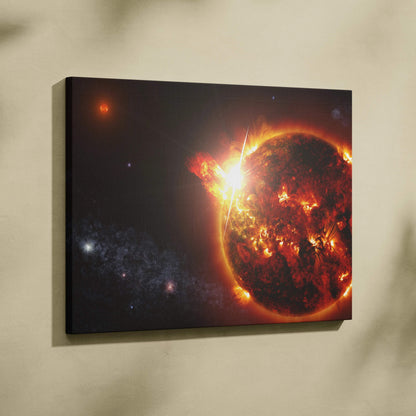 Epic fiery sun solar flare canvas art in blazing reds oranges cosmic space