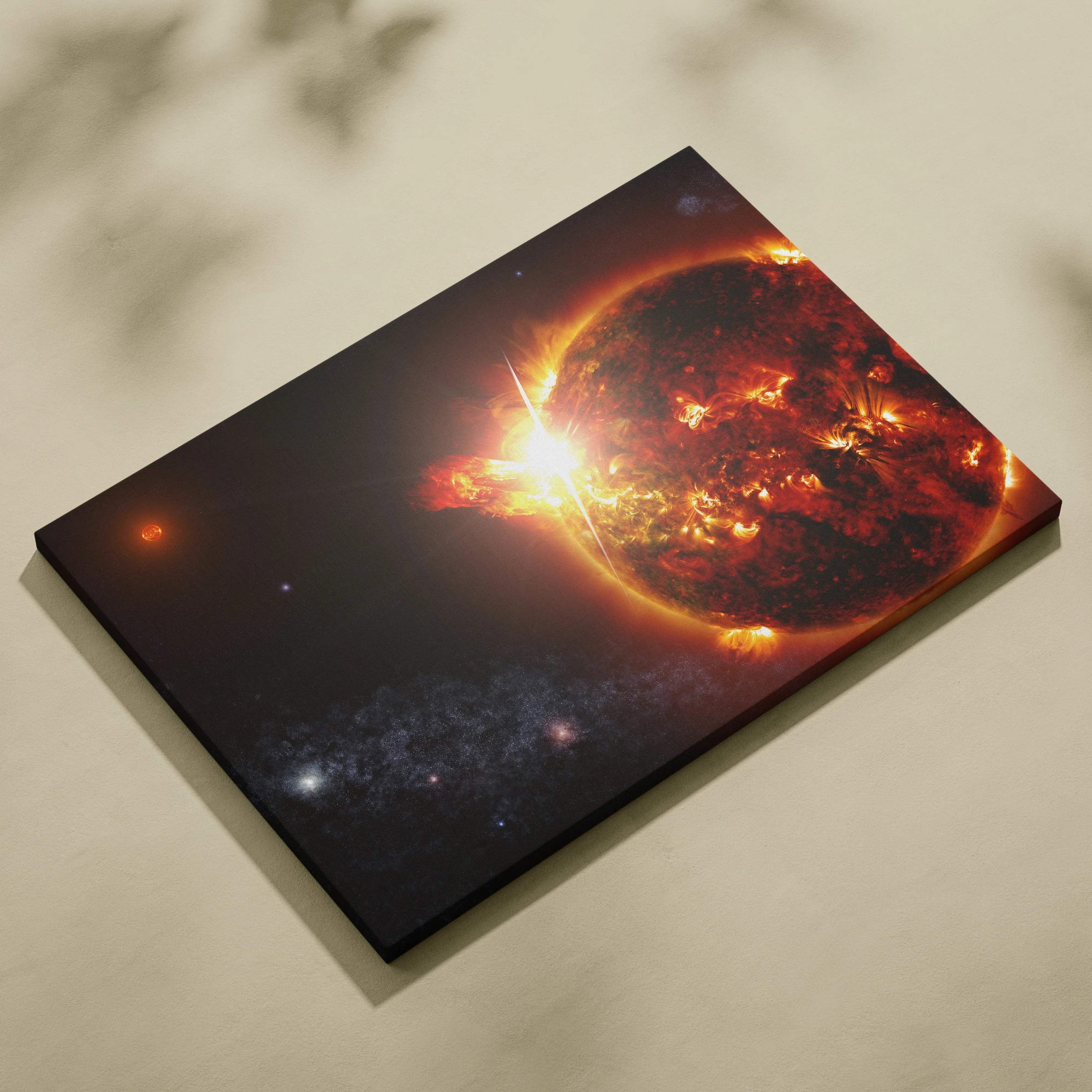 Epic sci-fi fiery sun solar flare canvas print in blazing reds oranges