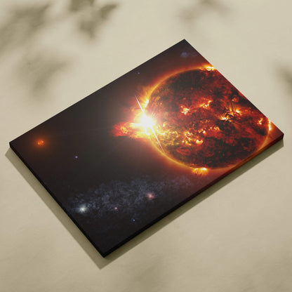 Epic sci-fi fiery sun solar flare canvas print in blazing reds oranges