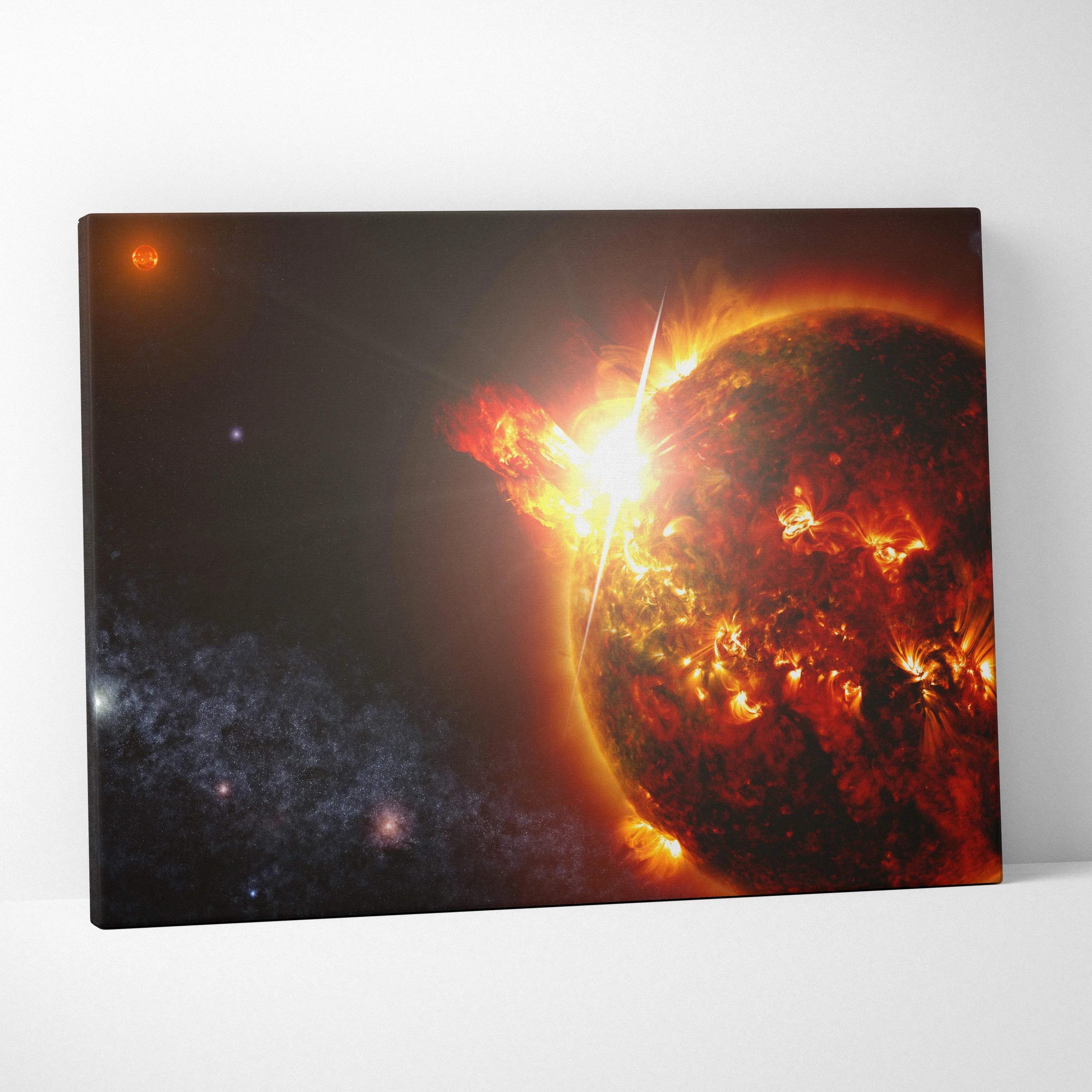 Epic sci-fi fiery sun solar flare canvas art in blazing reds oranges cosmic space