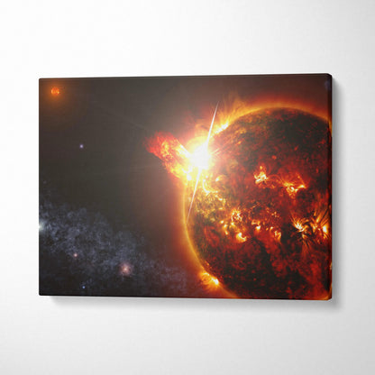 Epic sci-fi fiery sun solar flare canvas wall art in blazing reds oranges cosmic space