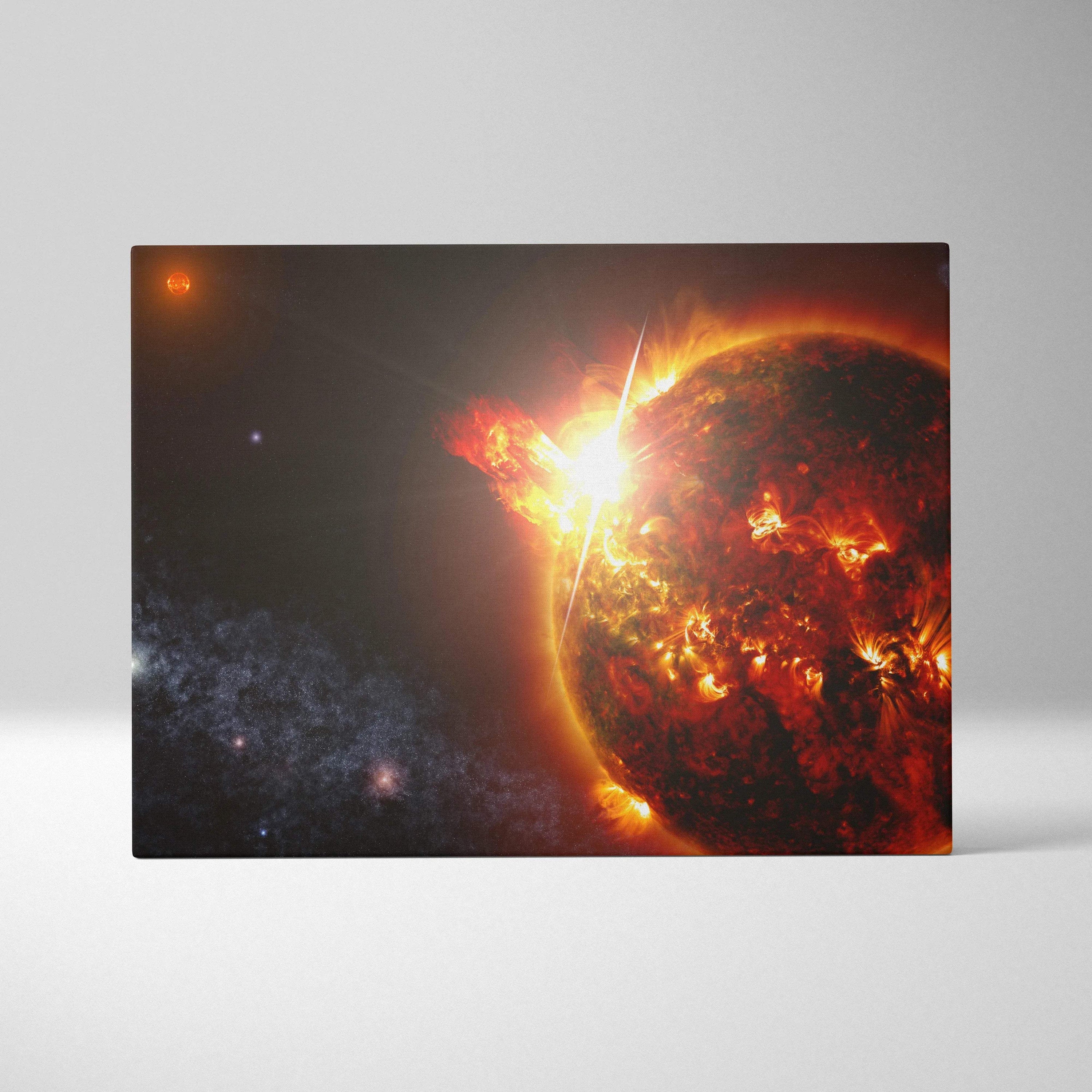 Epic sci-fi fiery sun solar flare canvas print in blazing reds oranges