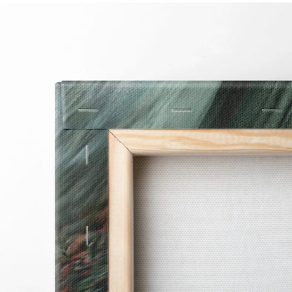 Fierce lava dragon canvas wall art in light wood frame with fiery reds and greens