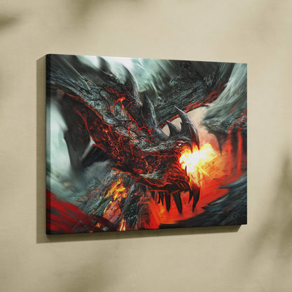 Fierce lava dragon canvas wall art with dark scales, red veins, fiery flames