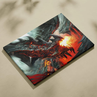 Fierce lava dragon canvas wall art with fiery red orange flames epic fantasy mood