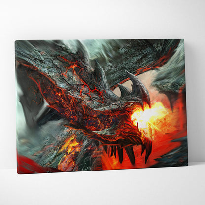 Fierce lava dragon canvas wall art with dark scales, red veins, fiery breath
