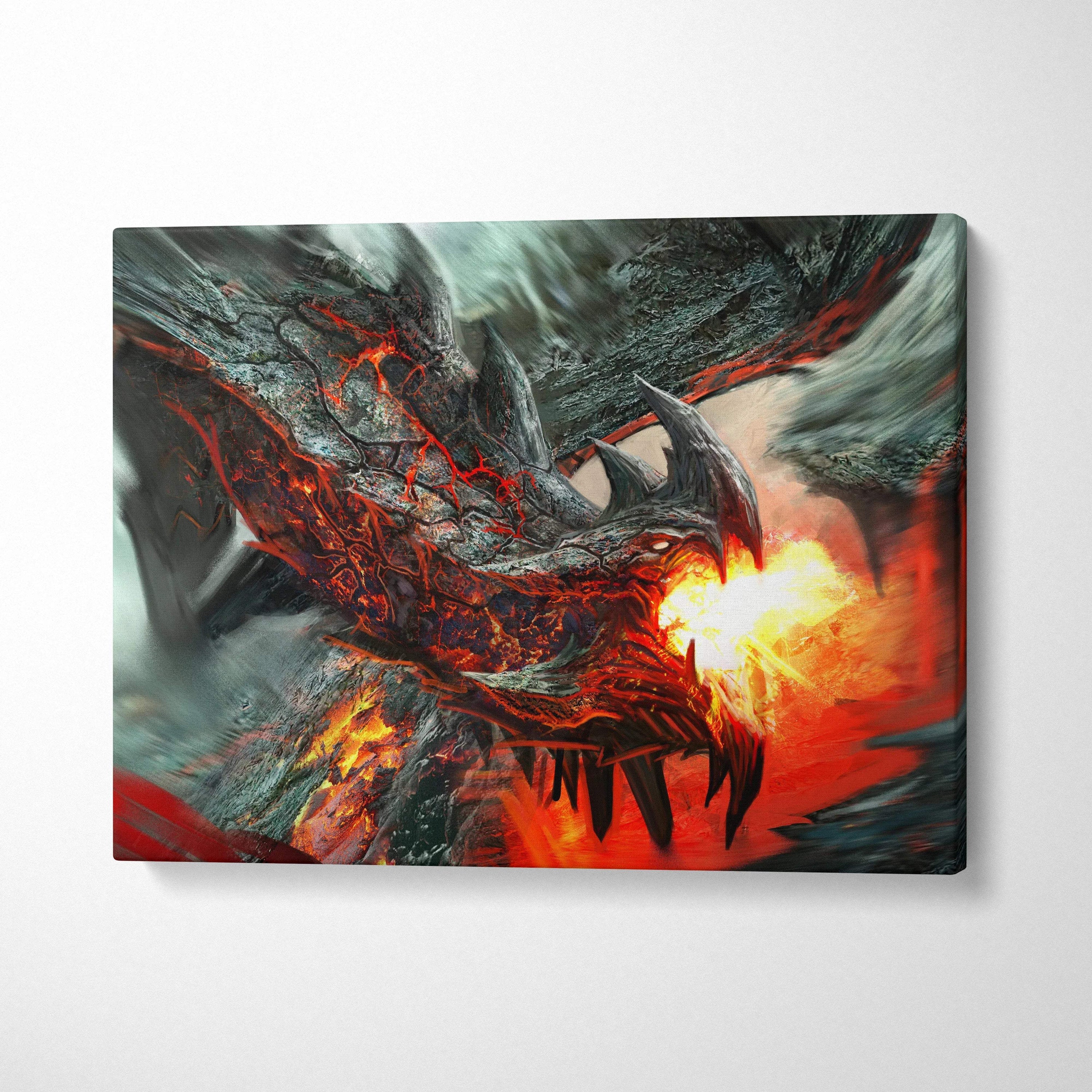 Fierce lava dragon canvas wall art with fiery red flames and rocky scales