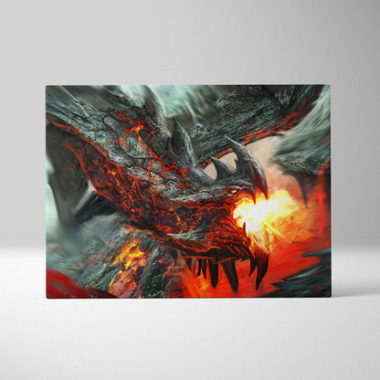 Fierce lava dragon canvas wall art with dark scales, red veins, fire breath
