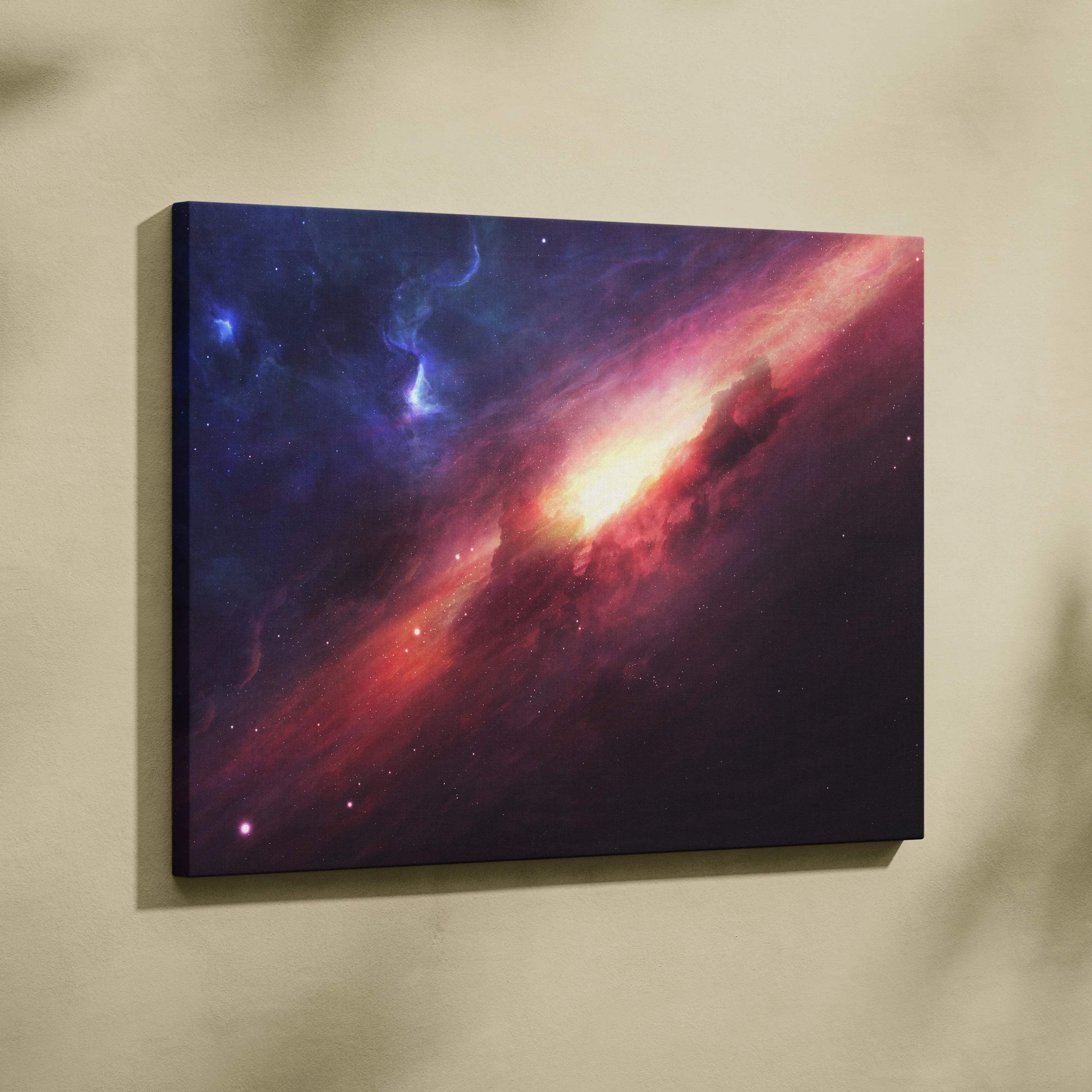 Vibrant spiral galaxy canvas wall art with glowing core nebula in blues purples reds