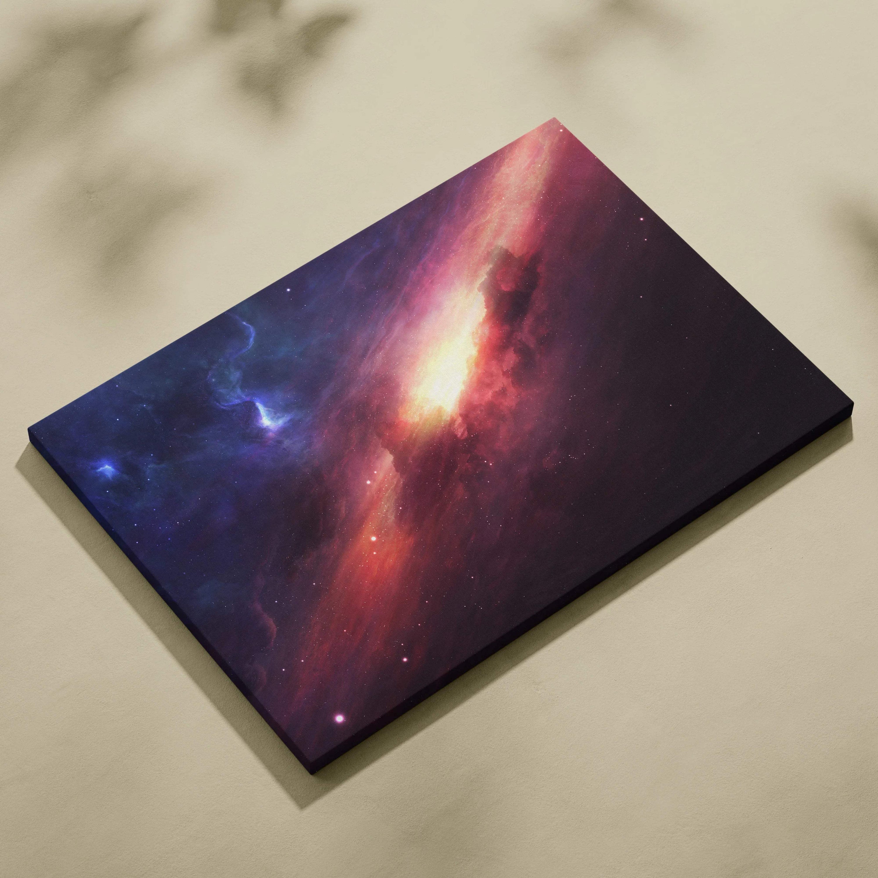 Vibrant spiral galaxy canvas wall art with glowing core nebula in purples and gold